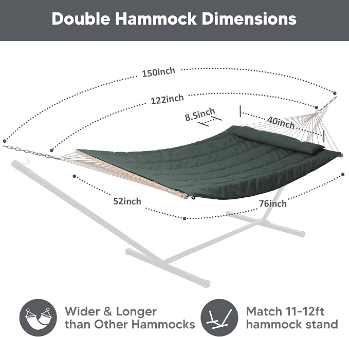 SUNCREAT Hammocks Replacement Hammock for Stand, 475 lbs Capacity, Two Person Backyard Hammock with Pad for Outside, Green Gray