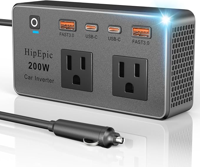200W Multi-Port Car Power Inverter 12V DC to 110V/120V AC,Small Auto Outlet Adapter-24W USB A/C&3 Plug for Laptop,Portable Inverters for Vehicle Minivan SUV RV Road Trips Camping Essential(Black)