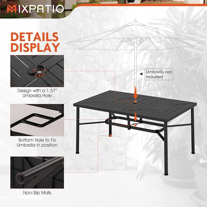 MIXPATIO 7 Pieces Patio Table and Chairs Set, Patio Dining Set for 6, 6 Textilene Chairs and 1 Metal Rectangle Dining Table with Umbrella Hole, for Deck Backyard Lawn Poolside, Brown