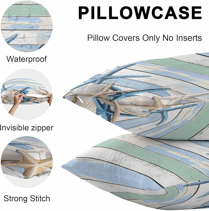 Outdoor Waterproof Pillow Covers Coastal Blue White Starfish Shell Pack of 2 Lumbar Pillow Cover Wood Grain Decorative Cushion Pillowcases for Patio Couch Bench Garden 18 x 18 Inches