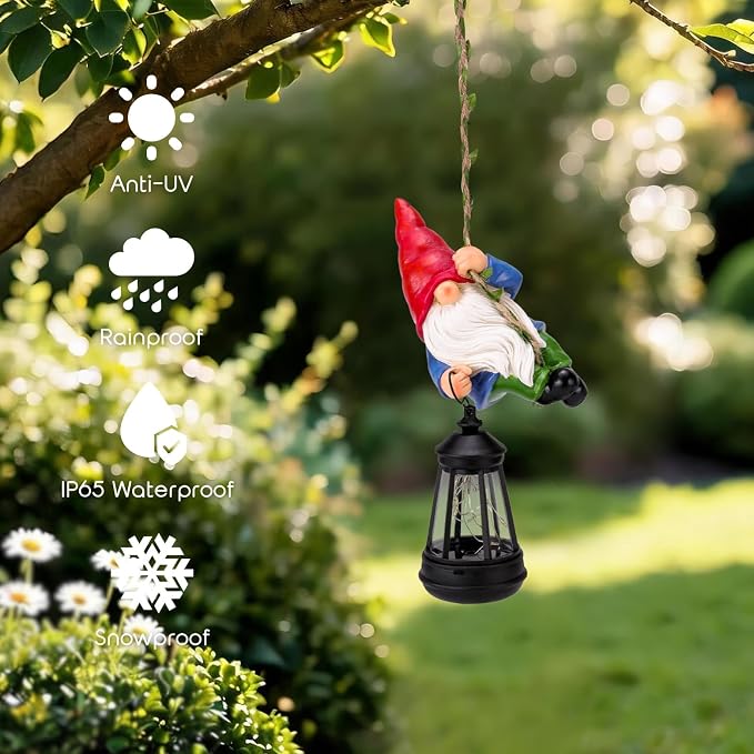 Solar Hanging Gnome Garden Statues Funny Climbing Gnome with LED Lantern | Outdoor Swinging Decor Tree Hugger Yard Porch Wall Fence Decoration Birthday Garden Gifts for Mom Women, Red Hat