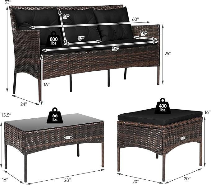 HAPPYGRILL 3-Piece Patio Furniture Set Outdoor Rattan Conversation Set with Coffee Table, Seat & Back Cushions, Sectional Sofa Set for Poolside Balcony Backyard