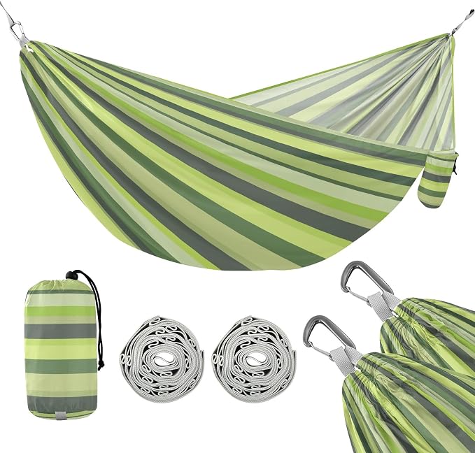 Camping Hammock Outdoor Hammocks for Outside Green Gray Stripe Beach Trees Portable Lightweight with Pockets Tree Straps Indoor