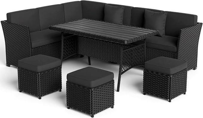 Patio Furniture Set, 7 Pieces Outdoor Dining Sets, All Weather Rattan Conversation Set, Outdoor Dining Sectional Sofa with Large Dining Table, Ottoman (Black-Black, A-7 Pieces)
