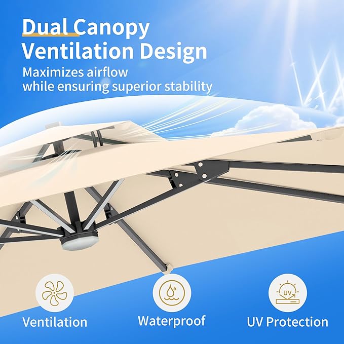 10 X 13 FT Cantilever Patio Umbrella with Base Included & Led Lights Outdoor Rectangle Offset Large Double Top Heavy Duty Umbrellas 360°Rotation for Pool Deck Backyard,Beige