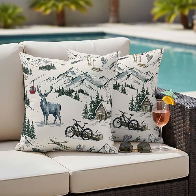 Mountain Cabin Outdoor Pillow Covers 26"x26" Set of 2, Winter Green Pine Tree Wooden House Cabin Waterproof Throw Pillow Covers for Patio Furniture, Decorative Cushion Covers for Porch