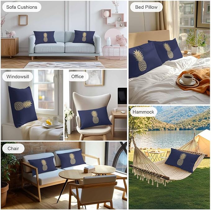 Yellow Pineapple Outdoor Waterproof Pillow Covers, Summer Fruits Navy Blue Decorative Rectangle Throw Pillowcase Sofa Cushion Sham for Patio/Couch/Chair, 20"x12" 2 Pack
