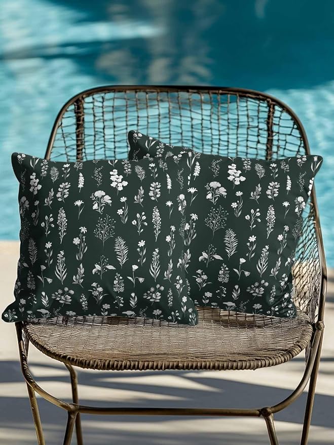 Outdoor Pillows with Inserts Set of 2 18x18, Dark Green Wildflowers Waterproof Outdoor/Indoor Throw Pillows, Farmhouse Botanical Garden Floral Decorative Pillow for Bed Couch Sofa Patio Furniture