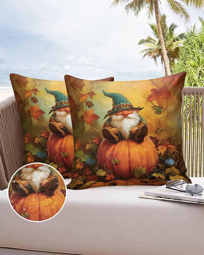 Outdoor Waterproof Throw Pillow Covers 24x24in, Fall Gnome Pumpkin Cushions for Garden Patio Furniture Chairs Set of 2, Maple Leaves Home Decor Couch Sofa Polyester Pillow Cases