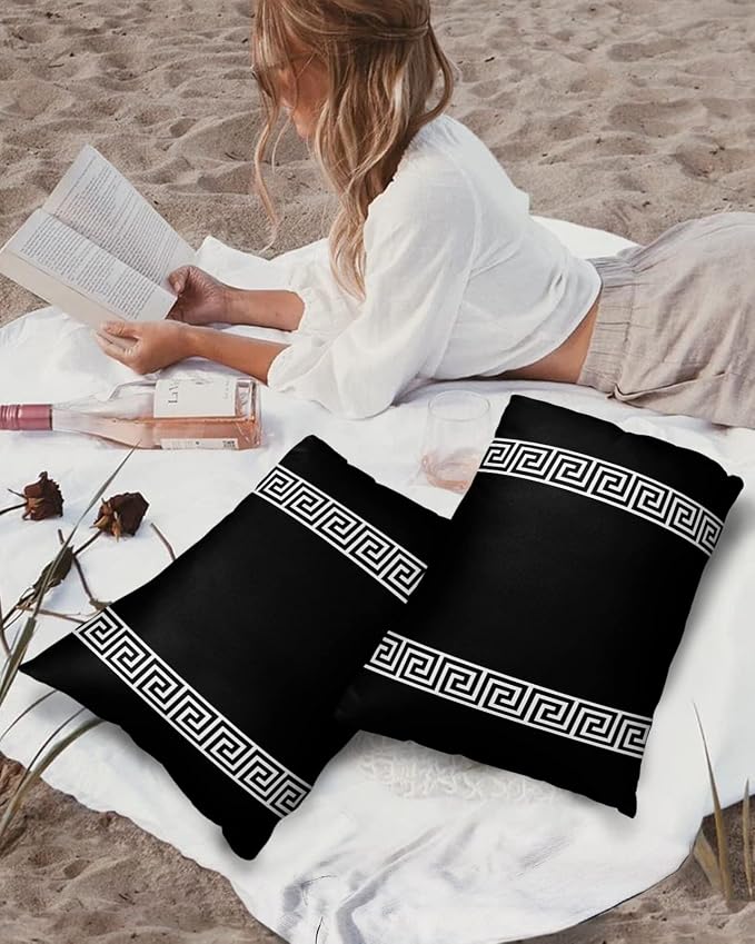 Funy Decor Waterproof Outdoor Throw Pillow Cover Geometric Greek Key Design Lumbar Pillowcases Set of 2 Black Decorative Patio Furniture Pillows for Couch Garden 20x12 inch