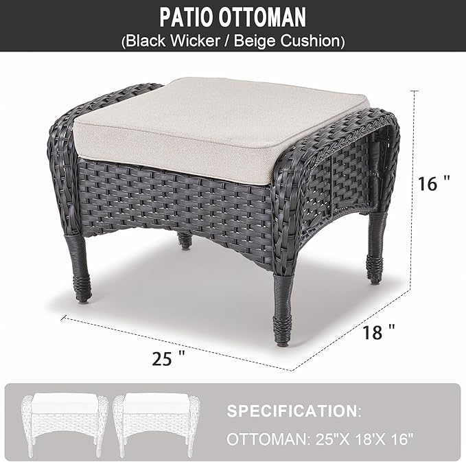 Belord Outdoor Ottomans for Patio Foot Rest - 25 Inch PE Wicker Foot Stool Set of 2 with Removable Cushions for Patio Furniture Sets,All Weather Rattan Ottoman for Balcony Backyard Black/Beige