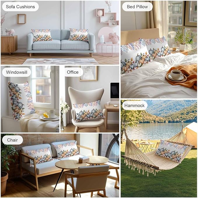 Orange Fall Pumpkins Outdoor Waterproof Pillow Covers, Eucalyptus Leaves Country Farmhouse Decorative Rectangle Throw Pillowcase Sofa Cushion Sham for Patio/Couch/Chair, 20"x12" 2 Pack