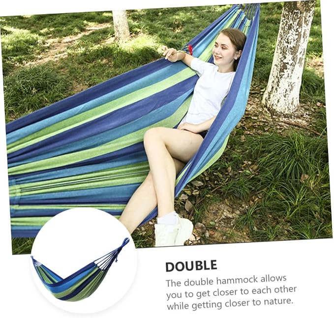Generic Double Canvas Garden Hammock for Outdoor Travel and Camping, Portable Widened Two-Person Swing with Thickened Blue Material Suitable for Adults