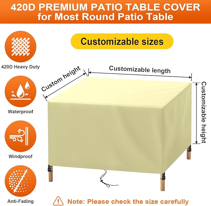 Patio Furniture Cover Rectangle 40"(L) x 40"(W) x 30"(H), Custom Heavy Duty 420D Waterproof Outdoor Cover with Drawstring & Buckles for Table Chair Garden, Cream