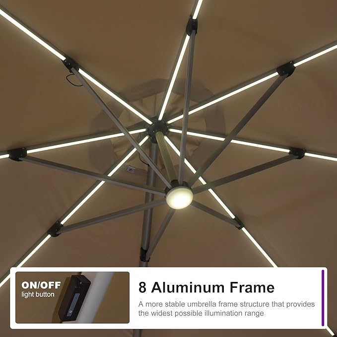 PURPLE LEAF Cantilever Umbrella with base 10ft Outdoor Round Patio Solar Powered LED Umbrella with 360-degree Rotation for Garden Deck Pool Patio, Beige
