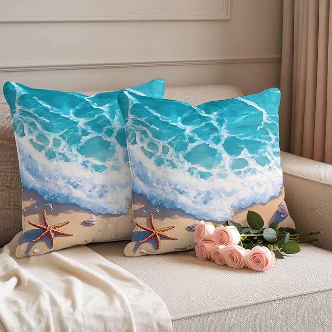 Ocean Beach Waterproof Outdoor Pillow Covers Set of 2 Home Decor, Coastal Nautical Starfish Shells Sea Waves Pillowcase Patio Pillow Covers for Couch Bench Furniture Garden 18x18in