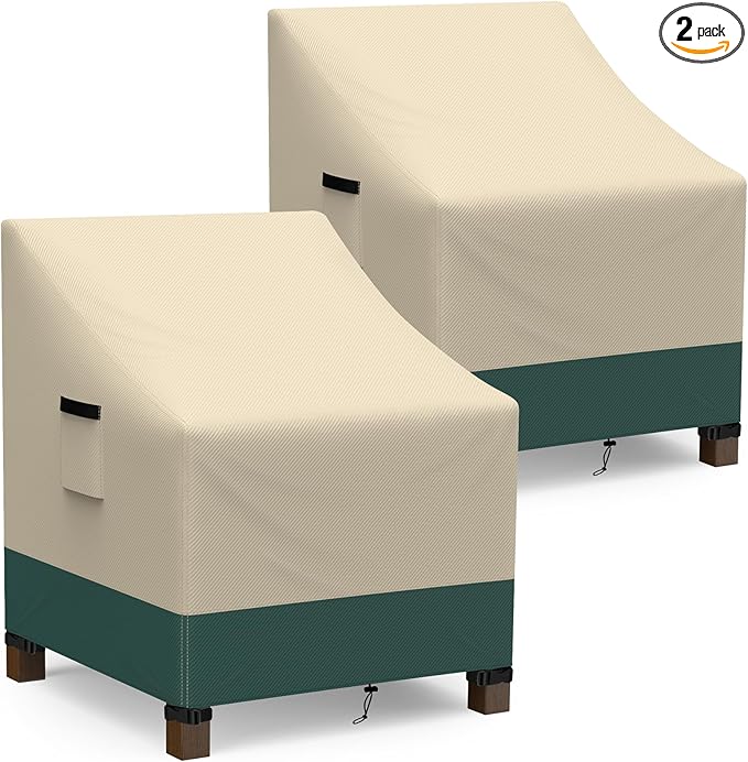 Patio Chair Covers Waterproof 2 Pack - Outdoor Furniture Covers with Waterproof Strip and Air Vent - Heavy Duty Lawn Lounge Chair Cover (Beige&Green, 33" Wx 35" Dx 38.5" H)