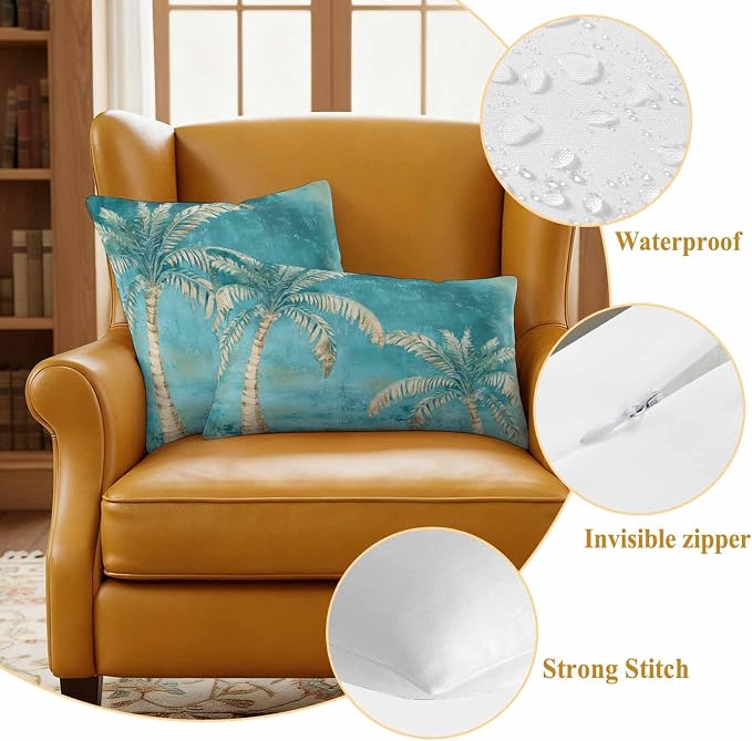 Coastal Beach Palm Tree Outdoor Waterproof Pillow Covers, Retro Teal Decorative Square Throw Pillowcase, Tropical Plant Summer Sofa Cushion Sham for Patio/Couch/Chair, 24"x24" 2 Pack