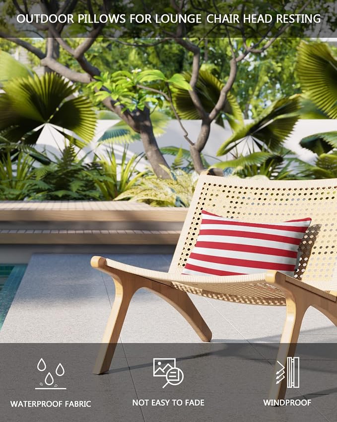 Red and White Striped Outdoor Pillows with Insert Red White Geometric Waterproof Patio Pillows with Adjustable Strap Rectangle Head Recliner Lounger Chair Throw for Patio Furnitures, 1 Pack