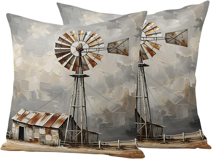 Gray Rustic Windmill Outdoor Pillow Covers 26"x26" Set of 2, Farmhouse Country Barn Oil Painting Waterproof Throw Pillow Covers for Patio Furniture, Decorative Cushion Covers for Porch