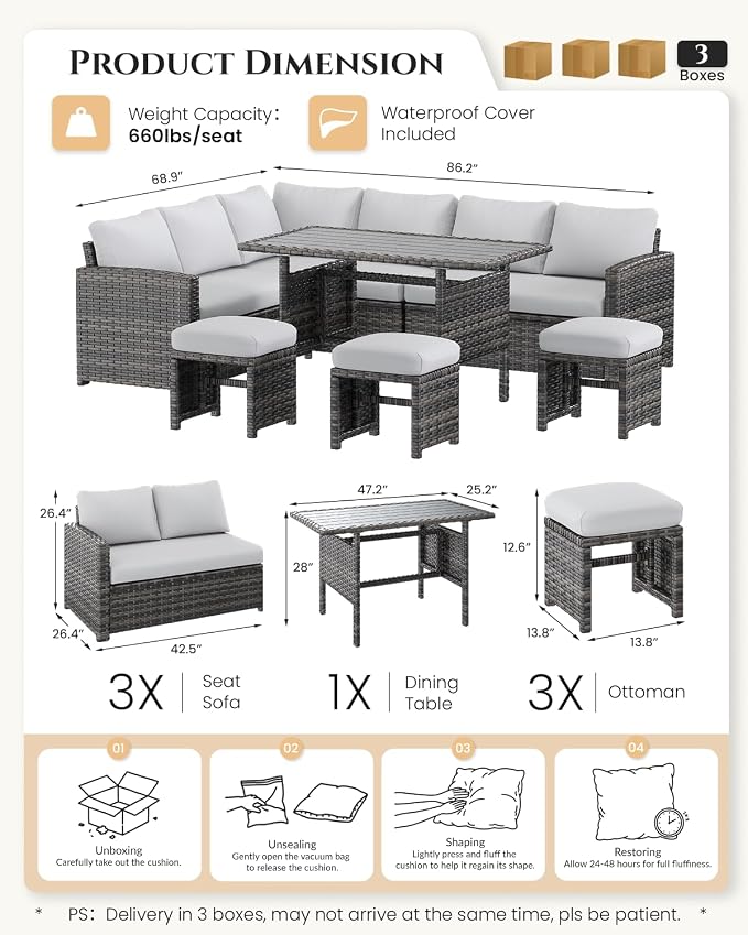 U-MAX 7 Pieces Patio Furniture Set with Waterproof Cover, Outdoor Sectional Sofa Conversation Set, All Weather Wicker Rattan Dining Table & Chair with Ottoman, Grey Rattan&Light Grey Cushion