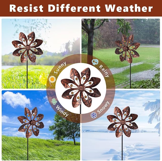 VEWOGARDEN 2 Pack Wind Spinners Outdoor, Metal Wind Spinner with Flower Design for Yard Garden Lawn Decorations, Antique Bronze