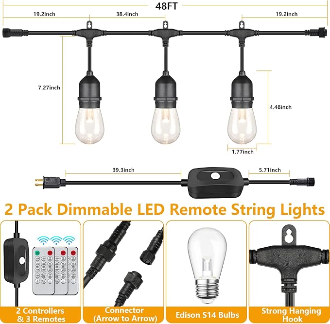 96FT(2x48FT) 3 Colors LED Outdoor String Lights with Remote, Black | Plug in, Jump/Fade/Static Modes, 2700K/4000K/5000K, 30+2 S14 Bulbs, Dimmable, Shatterproof, Waterproof, for Patio Cafe