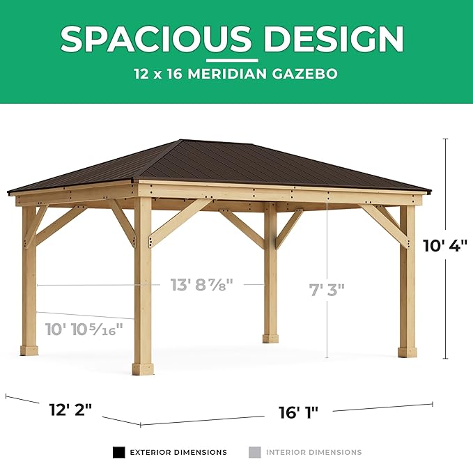 Yardistry 12 x 16 Meridian Cedar Wood Gazebo Pavilion for Patios, Decks, Garden, Backyard, Durable, Aluminum Roof