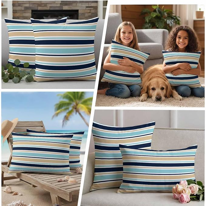 Khaki Striped Outdoor Pillow Cover 24x24 Inch Cushion Sham Case, Navy Blue Farmhouse Stripes Modern Abstract Art Waterproof Decorative Square Throw Pillowcase for Outside Garden Patio Porch Couch
