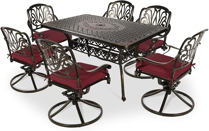 VIVIJASON 7-Piece Outdoor Furniture Dining Set, All-Weather Cast Aluminum Conversation Set Includes 6 Swivel Dining Chairs and a Rectangle Table with Umbrella Hole for Patio Garden Deck, Red Cushion