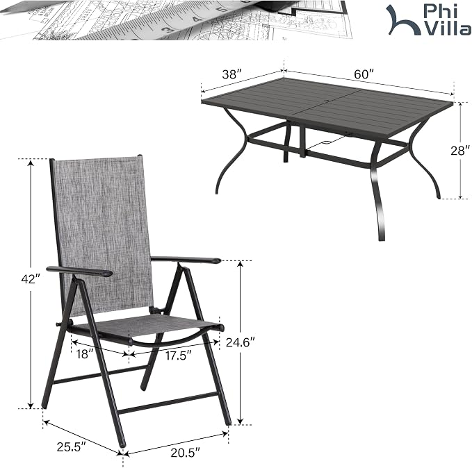 PHI VILLA 7 Piece Patio Dining Set with Outdoor Table and Chairs, Outdoor Dining Set with 6 Patio Folding Sling Chair with Armrest & 1 Rectangle Patio Dining Table with 1.57" Umbrella Hole (Grey)