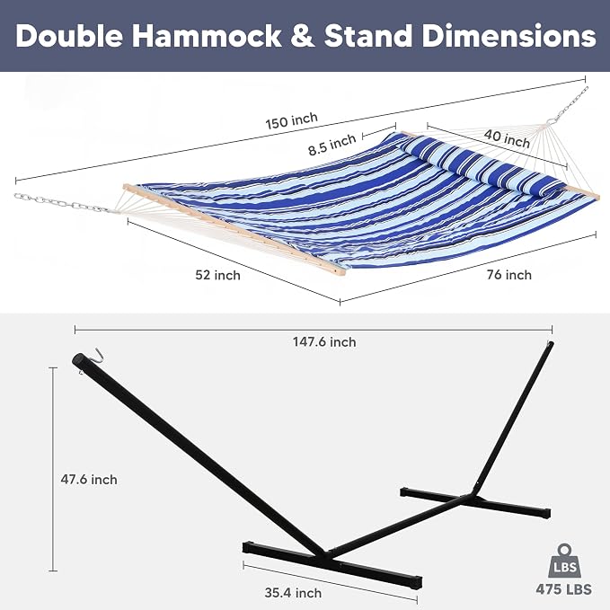 SUNCREAT Hammock Double Hammock with Stand, Carrying Bag, Two Person Cotton Rope Hammock, Blue Stripe