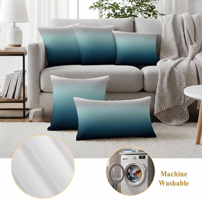 Waterproof Pillow Covers Set of 2,Black Teal and Gray Color Ombre Outdoor Pillow Protectors with Zipper Pillowcases for Patio Tent Garden Beach 24x24 Inches Modern Abstract Stripe Art