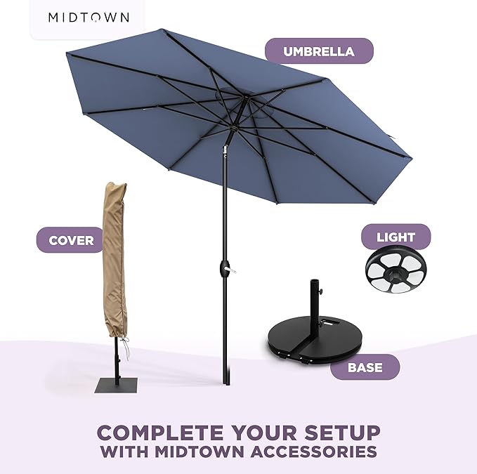 Midtown Umbrellas 10-Year-No-Fade - 9 Ft - UV Proof Light Navy Polyester Fabric - Umbrella Outdoor Patio, Auto-Tilt Aluminum Frame Patio Umbrella for Garden, Pool & Deck - Black Pole