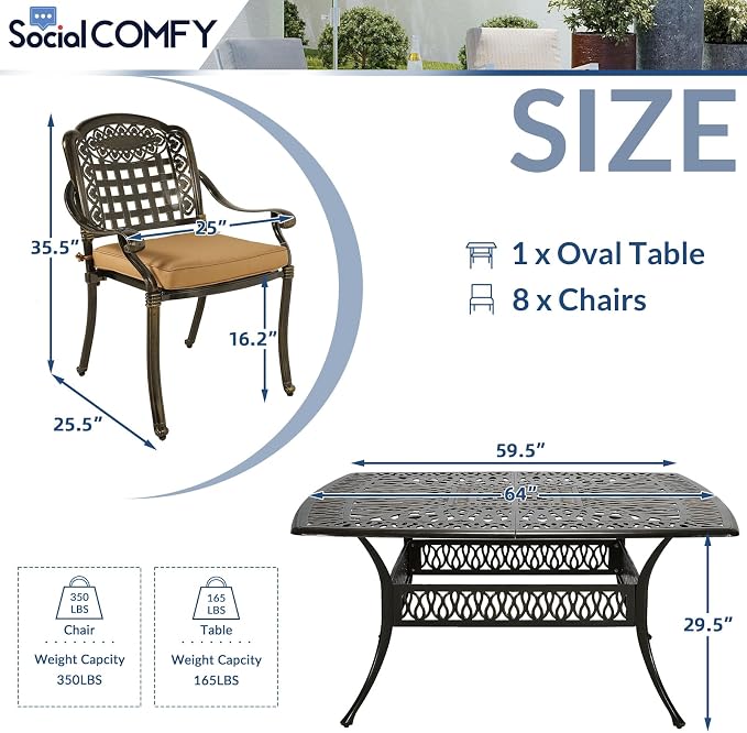 9-Piece Patio Cast Aluminum Dining Set, Outdoor Table and Chairs Set for 8, Includes 64" Large Square Dining Table and 8 Cushioned Chairs with Umbrella Hole for Backyard Lawn Garden, Tan