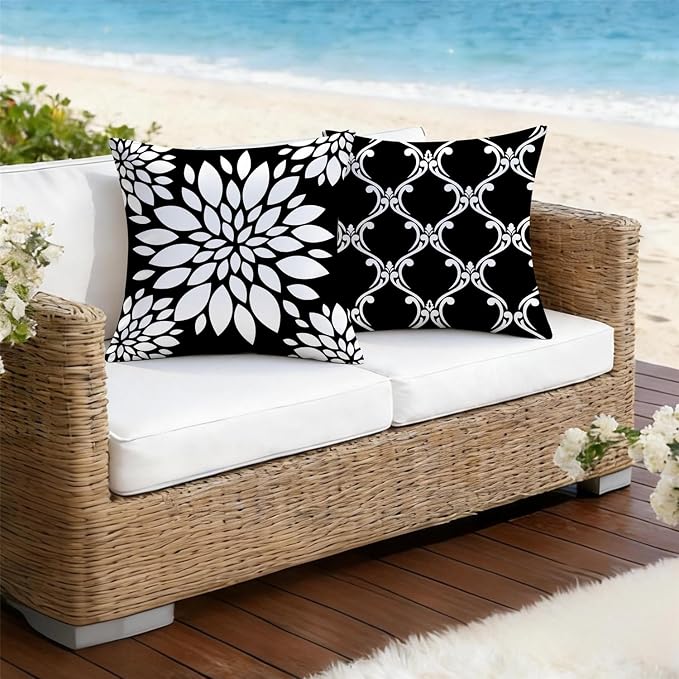 Outdoor Waterproof Throw Pillow Covers 18x18 Set of 4 Black and White Aesthetic Boho Decorative Cushion Cases for Patio Furniture Garden Porch Bench Couch Sunbrella