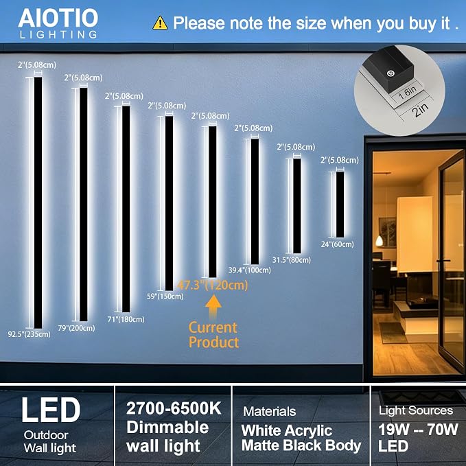 AioTio Long Modern LED Wall Lights,2 Pack 47inch Dimmable Linear Outdoor Wall Sconce,Black Waterproof IP65 Outdoor House Lights Wall Mount,Garage Lighting fixtures for House,Porch