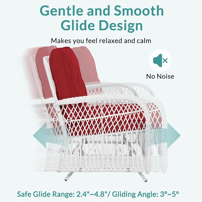MEETWARM Outdoor Wicker Patio Glider Set, Loveseat for 2 Person Porch Furniture Glider with Glass-Top Coffee Table, Patio Glider Rocking Bench with Thickened Cushions, White Wicker/Red