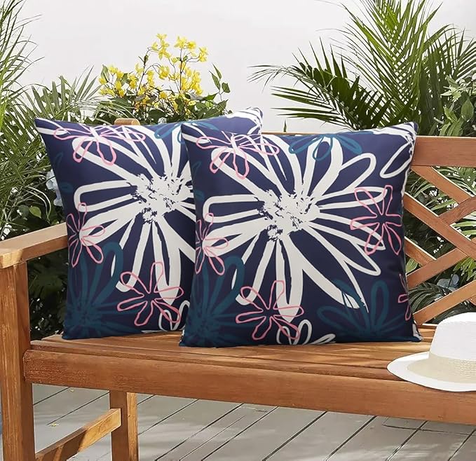 Pyonic Outdoor Waterproof Pillow Covers Pack of 2 Dahlia Water Resistant Decorative Outdoor Pillow Covers 18x18 inch Square Patio Pillows for Funiture Garden,Blue