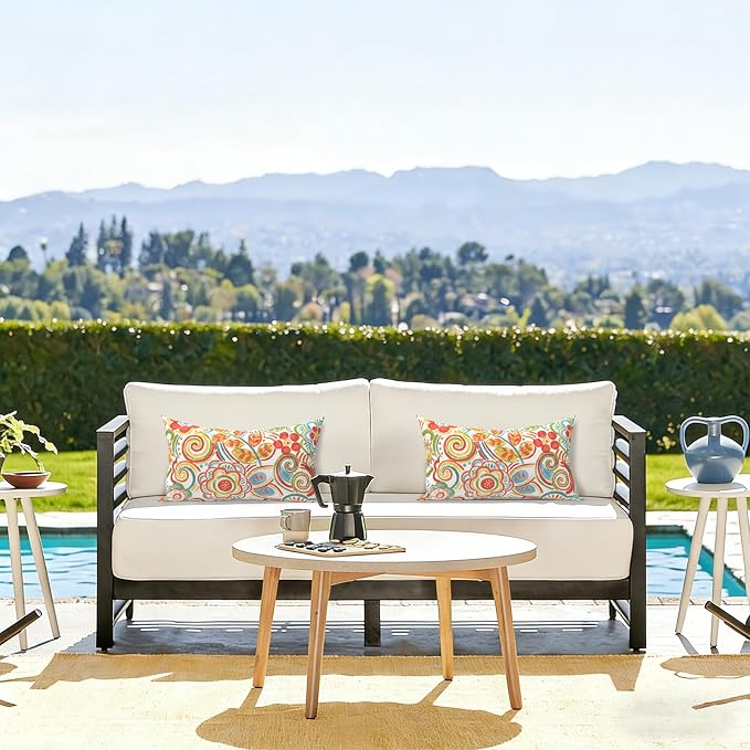 LVTXIII Outdoor/Indoor Lumbar Pillow Covers ONLY, 12” x 20” Fade-Resistant Patio Lumbar Cushion Cases Decorative Throw Pillowcase Shell for Couch Patio Garden Furniture Use - Flower Multi