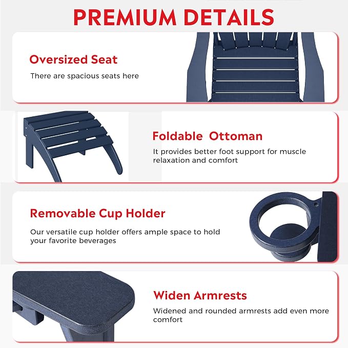 Costaelm Lakeview 4-Piece Outdoor Patio HDPE Adirondack Chairs with Ottomans and Cup Holder Set, Navy Blue
