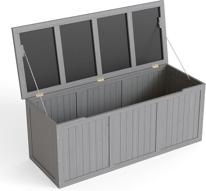 112 Gallon Outdoor Wooden Deck Box Solid Wood Storage Box Seat Table Top for Patio Furniture Cushions, Pool Toys Garden Tools