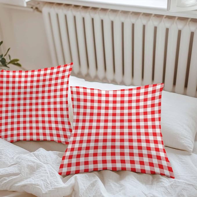 Red White Plaid Waterproof Outdoor Pillow Covers Set of 2 Home Decor Modern Farmhouse Buffalo Check Gingham Pillowcase Patio Pillow Covers for Couch Bench Furniture Garden 24x24in
