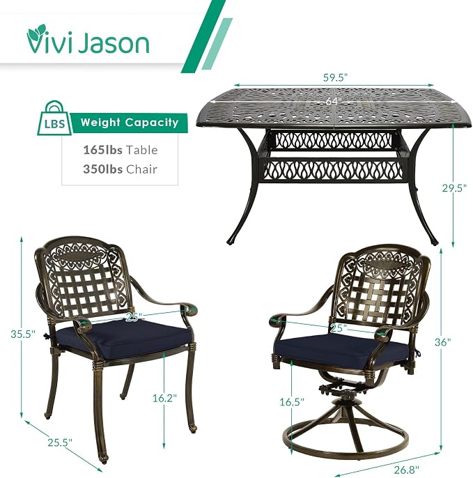 VIVIJASON 9-Piece Outdoor Dining Set, Cast Aluminum Patio Table & Chair Furniture Set for 8, Include 64" Square Dining Table, 2 Swivel Rocker Chairs, 6 Stationary Chairs, Umbrella Hole, Navy Blue