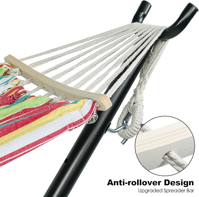 Gafete Double Hammock with Stand for Outside, Upgraded Spreader Bar, Heavy Duty Space Saving Steel Stand 2 Person, Side Pockets, Easy Assembly, 600lbs Weight Capacity, Indoor & Outdoor (Salsa Orange)