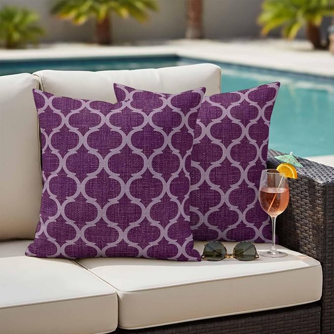 Dark Purple Moroccan Outdoor Pillow Covers 24x24 Inch Throw Pillow Covers Set of 2 Waterproof Decorative Pillow Cases Country Abstract Quatrefoil Lattice Cushion Covers for Patio Furniture Garden
