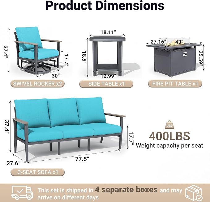 Aluminum Outdoor Patio Furniture Set, 5-Piece Outdoor Sofa with 5.1" Thick Cushions, Swivel Rocking Chairs, 55,000 BTU Propane Fire Pit Table, Outdoor Couch for Backyard, Balcony, Blue