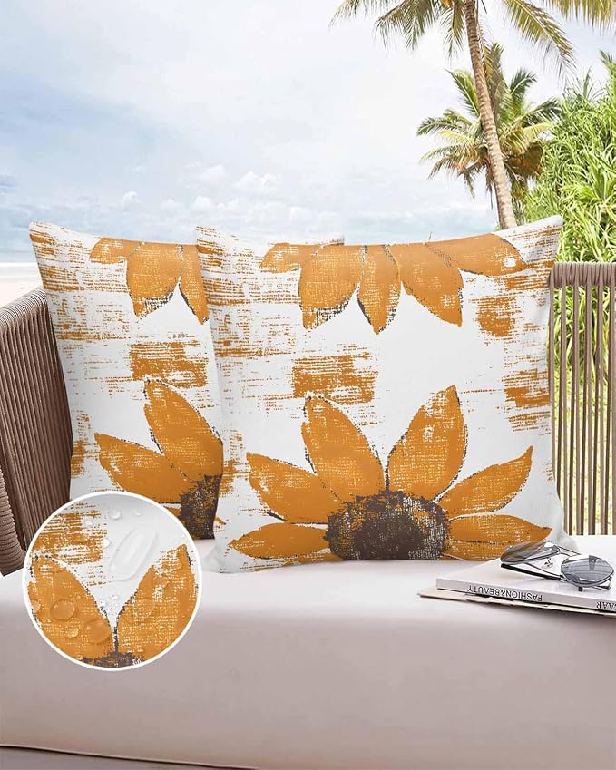 Vandarllin Outdoor Throw Pillows Covers 18x18 inch Set of 2 Waterproof Orange Sunflower Decorative Zippered Cushion Covers for Patio Furniture, Flower Field Lumbar Pillowcases