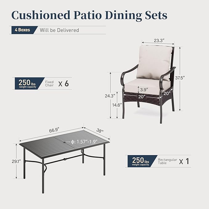 SUNSHINE VALLEY 7 Piece Patio Dining Sets for 6, Outdoor Table and Chairs with Cushioned Wicker Patio Dining Chairs & Black Dining Table (1.57-1.9”Umbrella Hole), Outdoor Dining Sets for Lawn Backyard