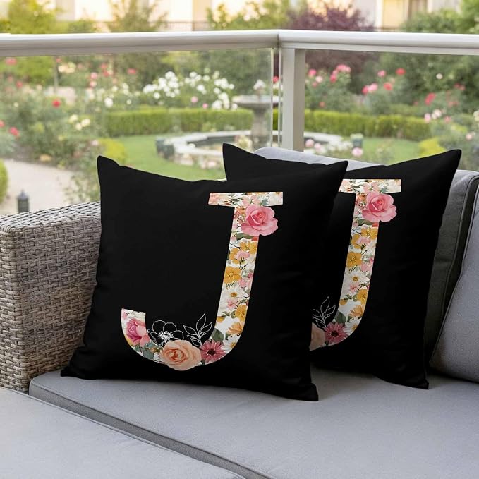 Black Letter J Flower Outdoor Pillow Covers Set of 2 Watercolor Alphabet J Pink Beige Floral Leaf Waterproof Throw Pillow Cover Decorative Cushion Cases for Patio Porch Garden 26X26 Inch
